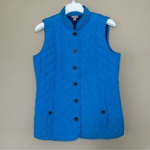 J Jill Women Small Blue Quilted Vest with Pockets Button Front Lined Back Vents